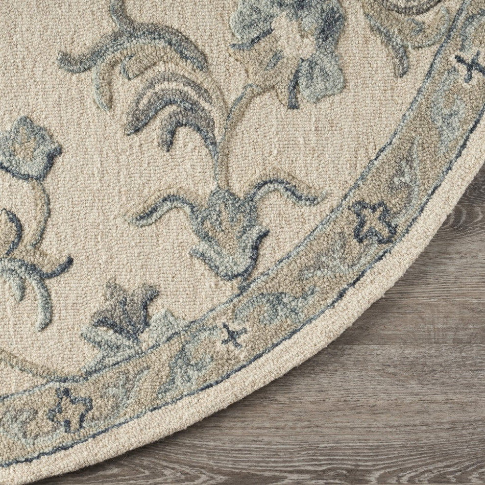 5" Round Beige and Blue Filigree Area Rug