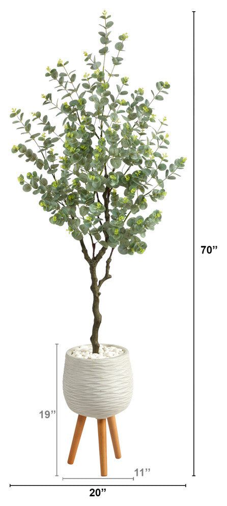 70" Eucalyptus Artificial Tree, White Planter With Stand
