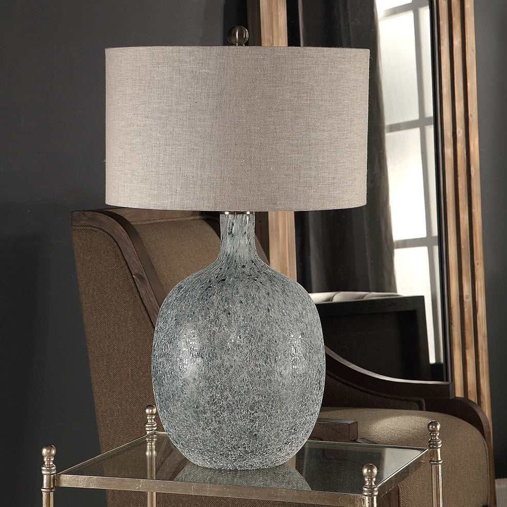 Elegant Coastal Blue Green Glass Table Lamp | White Large Gourd Round MidCentury