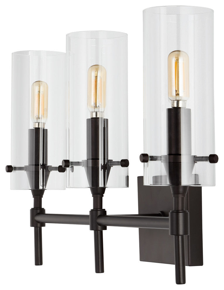 Cato 21.25" 3-Light Modern Farmhouse Iron/Glass Vanity, Oil Rubbed Bronze/Clear
