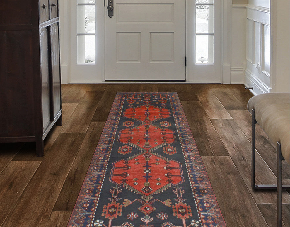 Fine Vintage Distressed Sanaz Red/Charcoal Runner, 3'4 x 9'8
