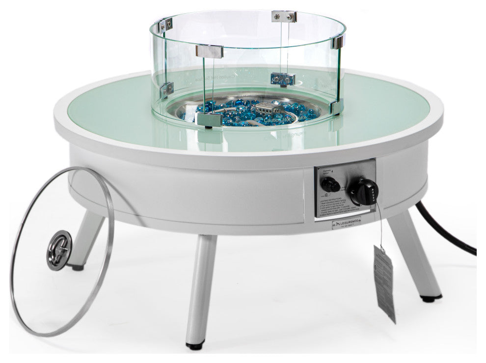 LeisureMod Walbrooke Round Fire Pit Table and Tank Holder, White