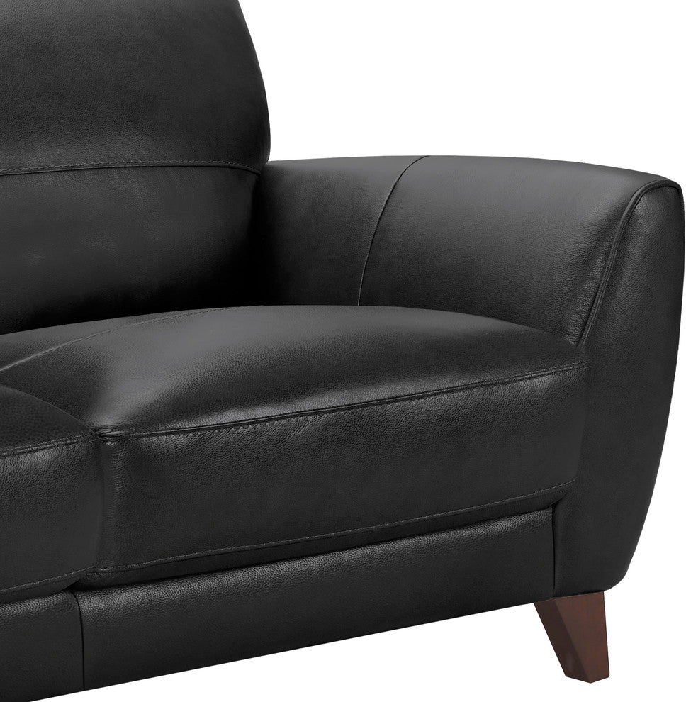 Jedd Contemporary Sofa, Genuine Black Leather With Brown Wood Legs