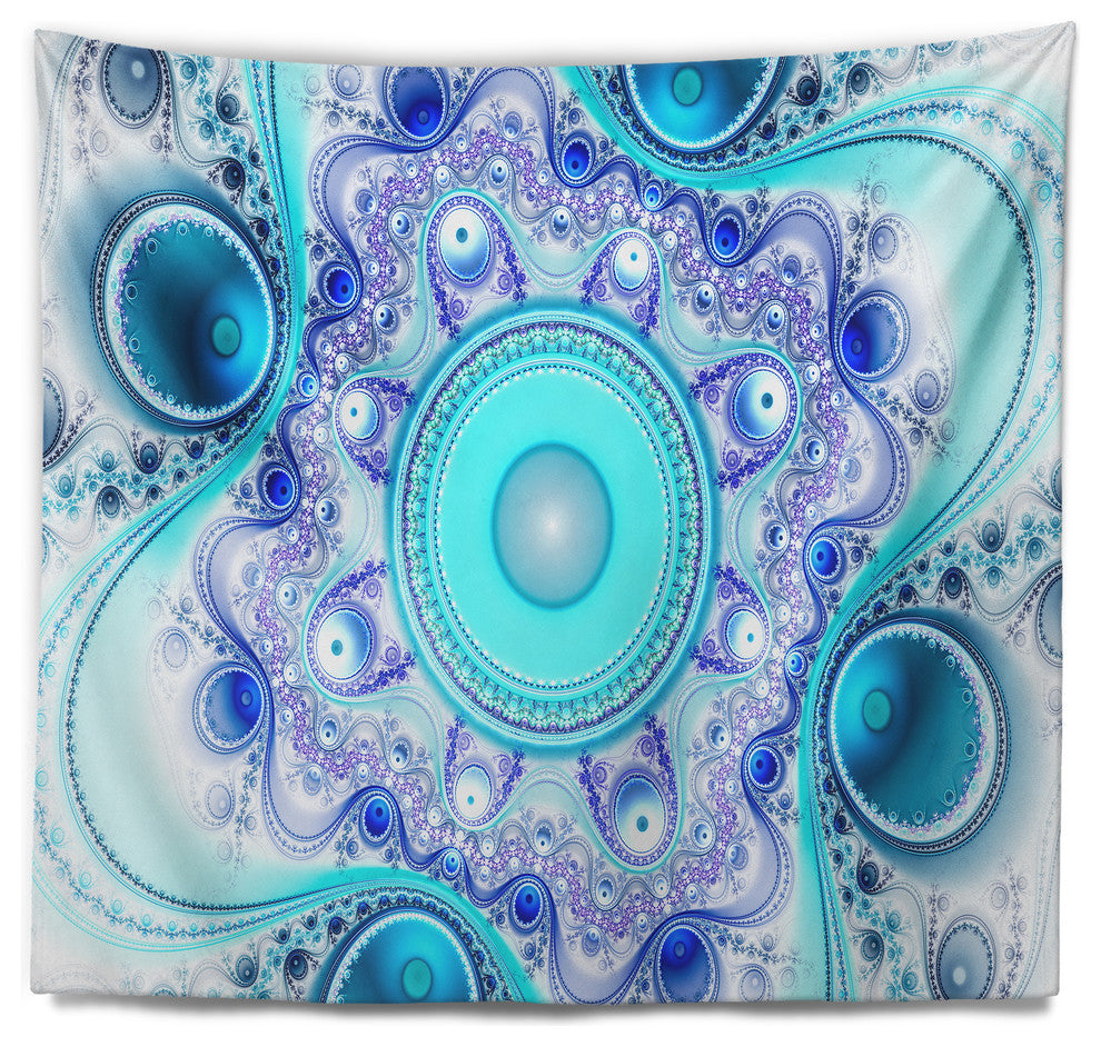 Turquoise Wavy Curves and Circles Abstract Wall Tapestry, 39"x32"