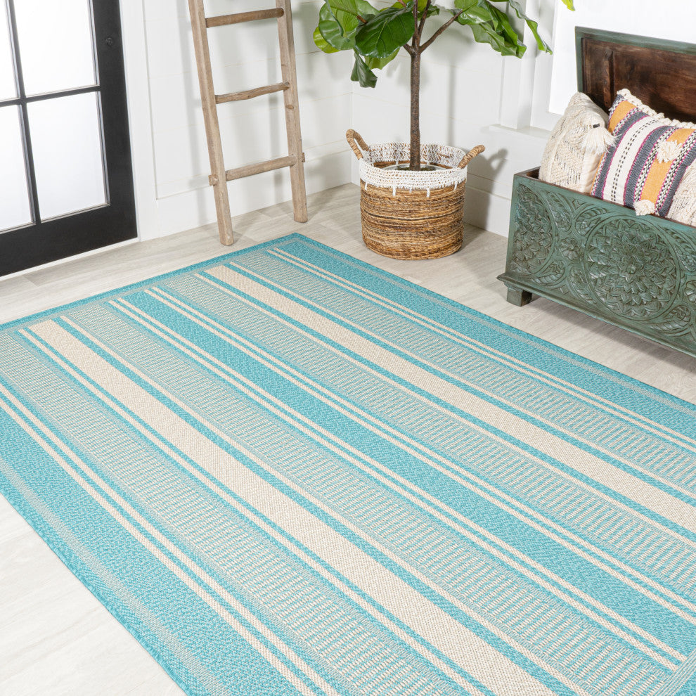 Haynes Modern Double Stripe Indoor/Outdoor Area Rug, Aqua/Beige, 8x10