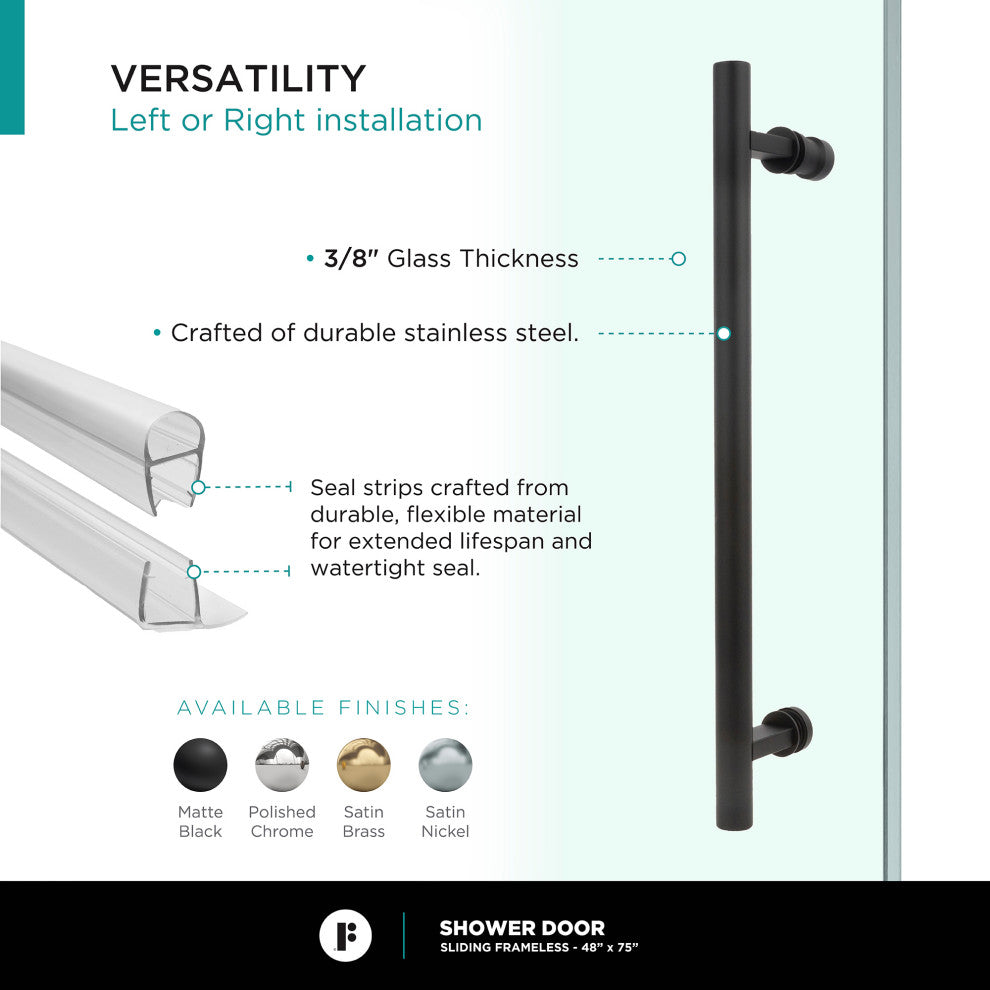Frameless Clear Sliding Shower Door With Tempered Glass - Shower Bathroom Door, Black, 48" X 75", Single Sliding Door