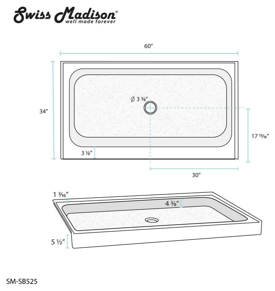 Swiss Madison SM-SB525 Voltaire 60" x 34" Rectangular Shower Base - Glossy