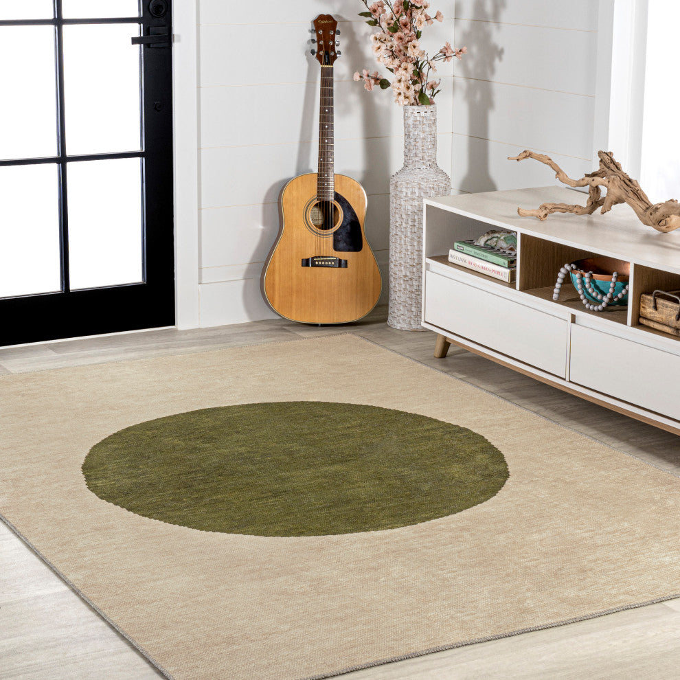 Cirkel Minimalist Geometric Dot Machine-Washable Area Rug, Cream/Olive, 3x5