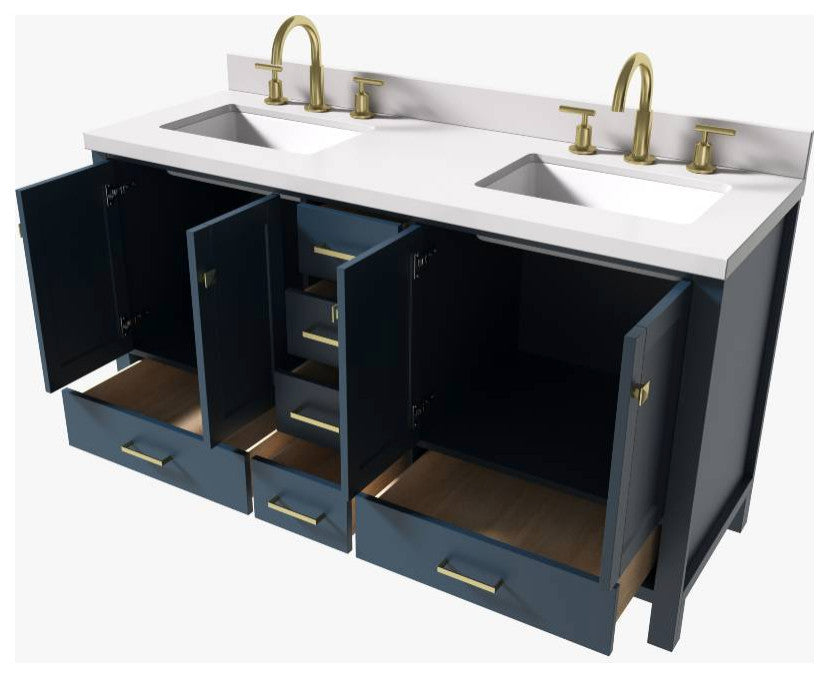 Cambridge Midnight Blue 61" Double Rectangle Sink Vanity With Quartz Countertop