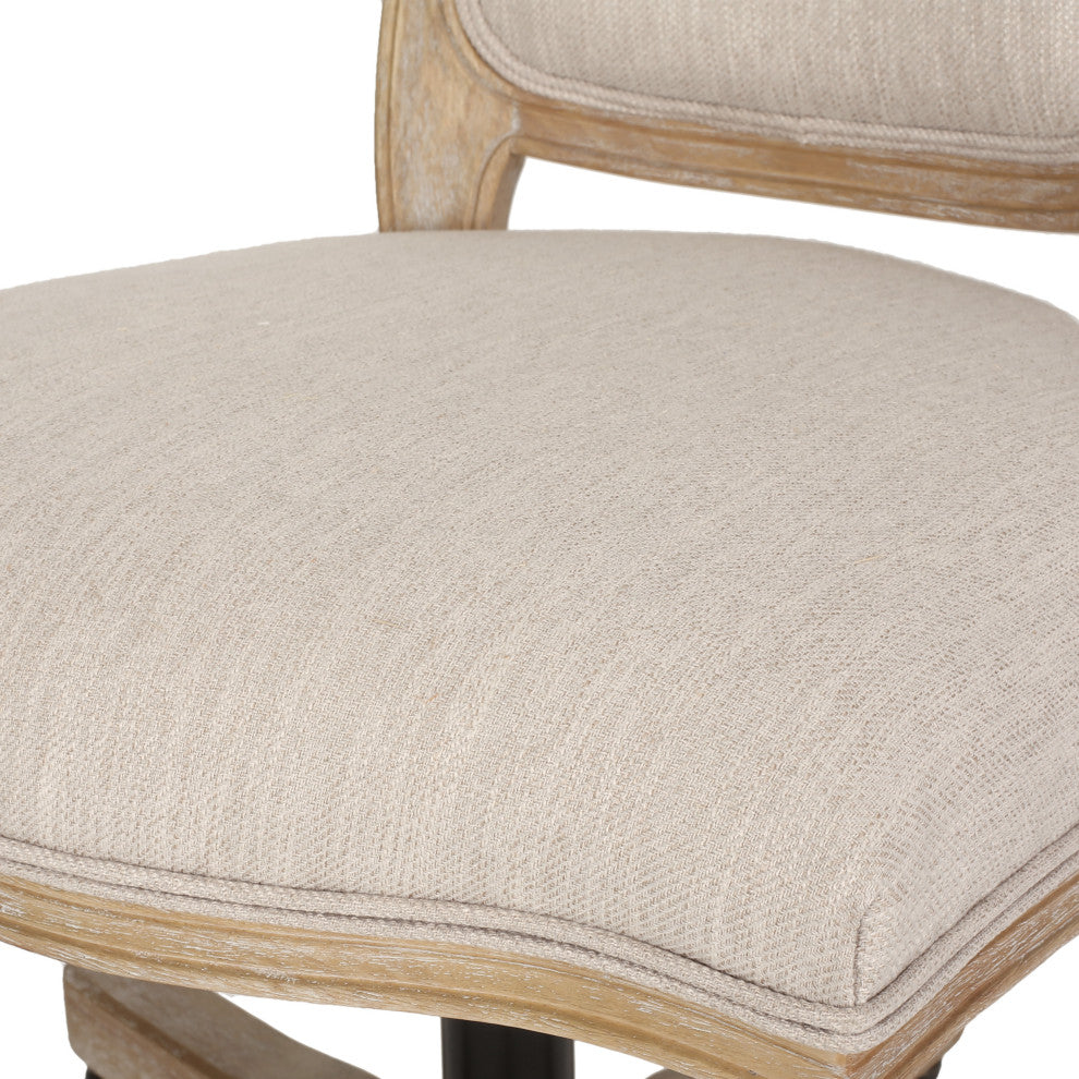 Oakes Upholstered Swivel Office Chair, Beige + Natural, 100% Polyester + Rubber Wood + Iron