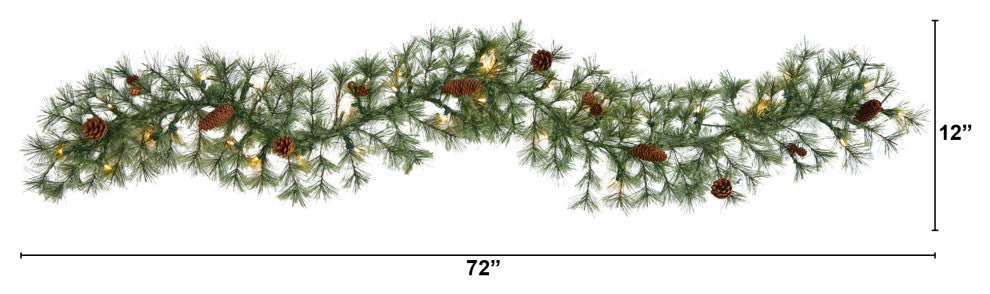 6' North Carolina Pine Faux Christmas Garland With 30 White Lights & Pinecones