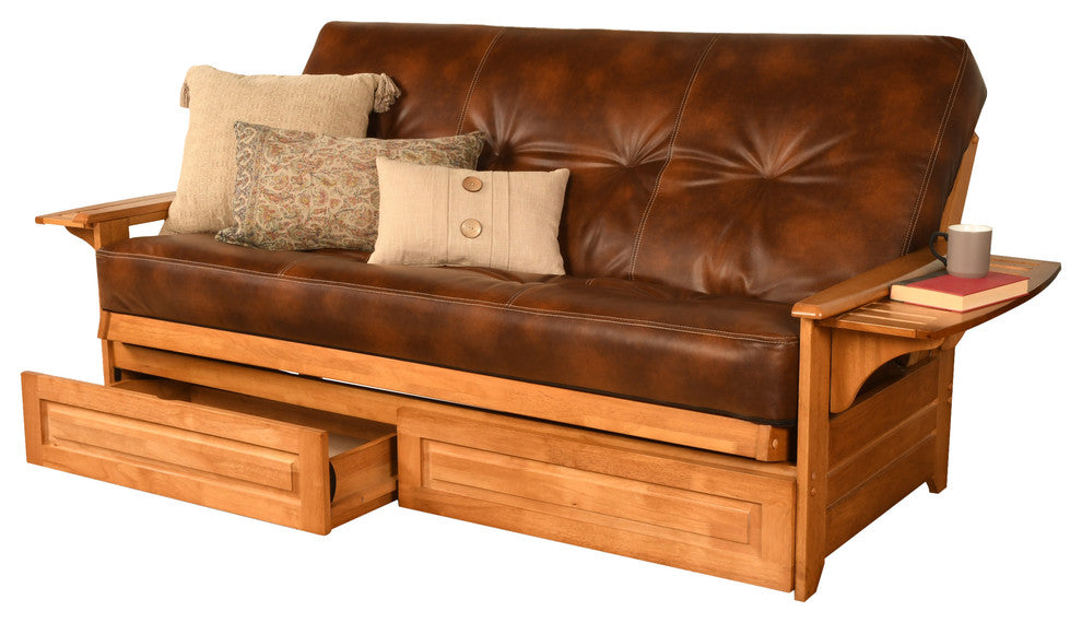 Mesa Frame Futon With Butternut Finish, Storage Drawers, Oregon Trail Saddle