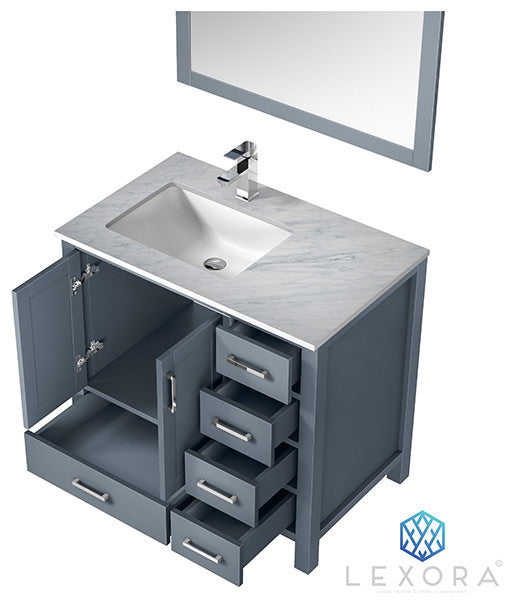 Jacques 36" Vanity, Wht Carrara Marble Top w/ 34" Mirror, Dark Grey, Left