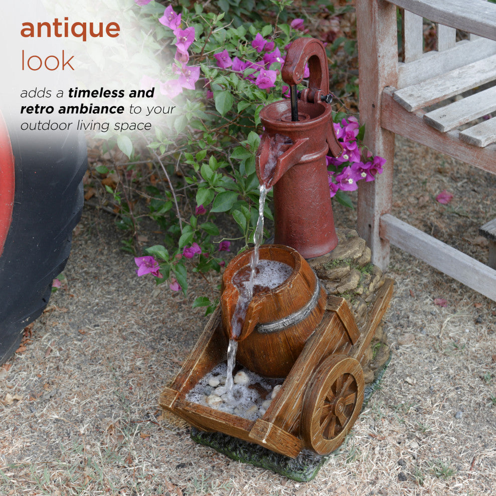 24" Vintage Red Water Pump with Wheelbarrow Fountain- Small