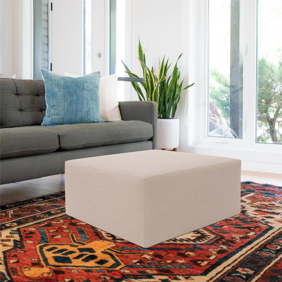 Hand-Finished Linen Ottoman, Natural Brown