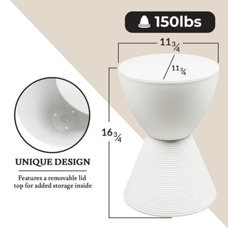 Round Side Table in ABS Plastic Ribbed Design End Table with Removable Lid, White