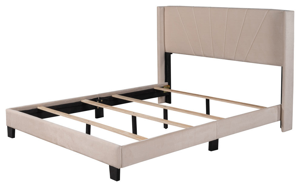 Gewnee Queen Size Velvet Upholstered Platform Bed in Beige