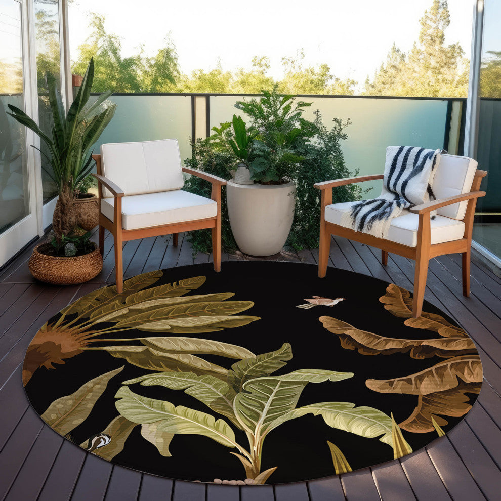 Indoor/Outdoor Tropics TC8 Black Machine Washable 8' x 8' Round Rug