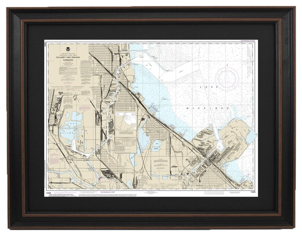Framed Nautical Chart, Lake Michigan Calumet and Indiana Harbors, 24x17