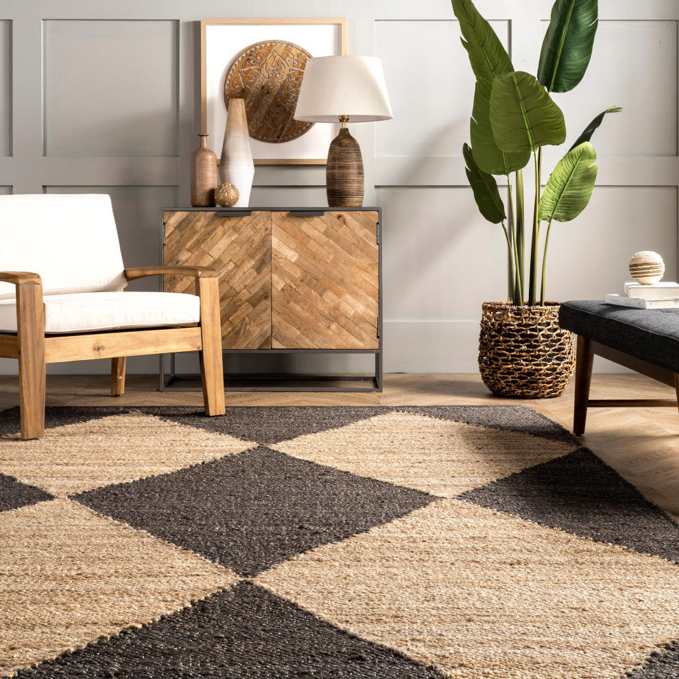 Nuloom Hand Woven Jute/Sisal Cotton Tanit Geometric Area Rug, Black 6'