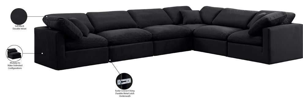 Indulge Upholstered Modular L-Shaped Sectional, Black, 6-Piece: 3 Armless Chair, 3 Corner Chair, Down Stuffed Velvet
