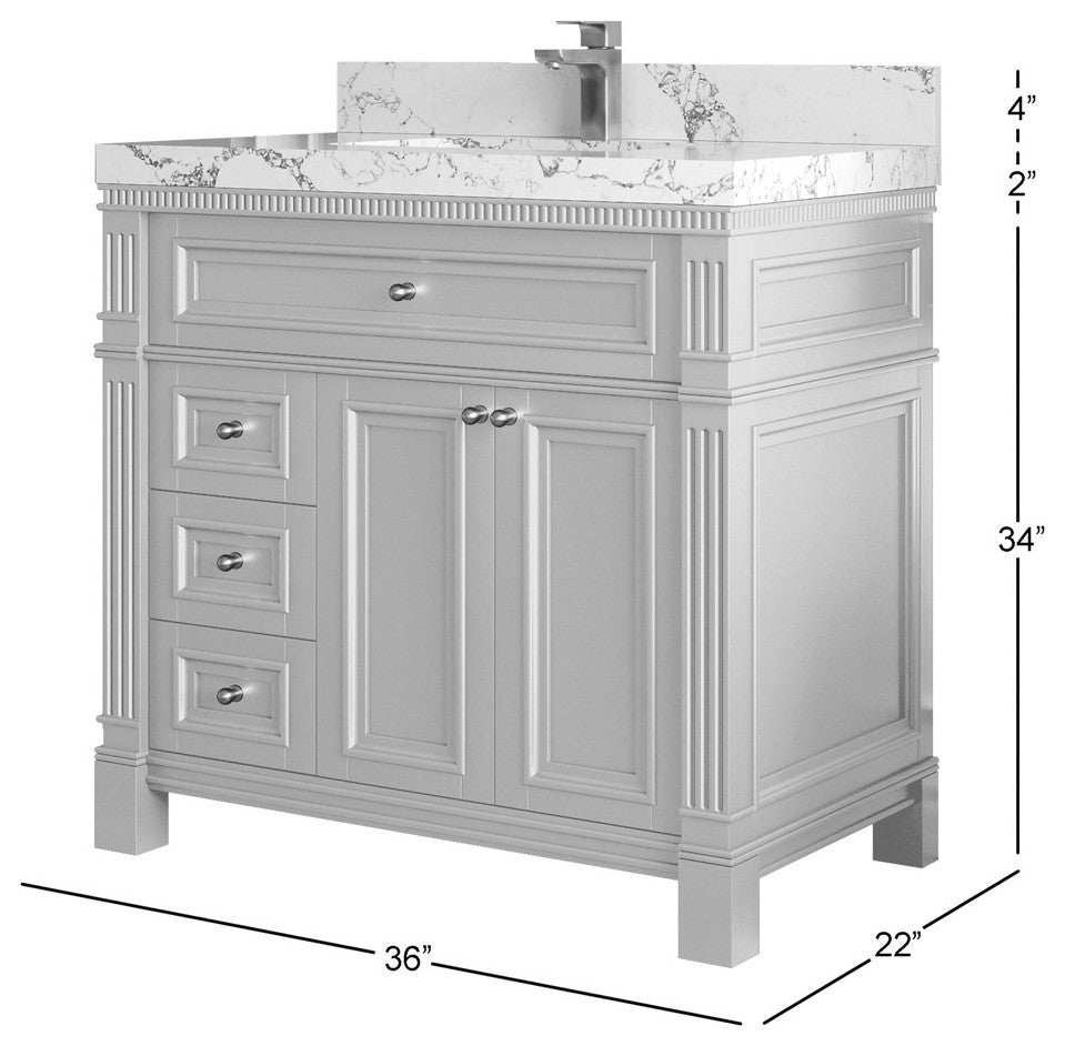 Paris 36" Center Sink Bathroom Vanity, Blue Heather 2" Calacatta Laza