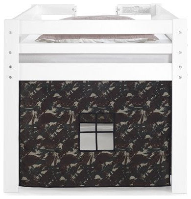 Jasper Twin Junior Loft Bed, White Frame, Green Camouflage Bottom Playhouse Tent