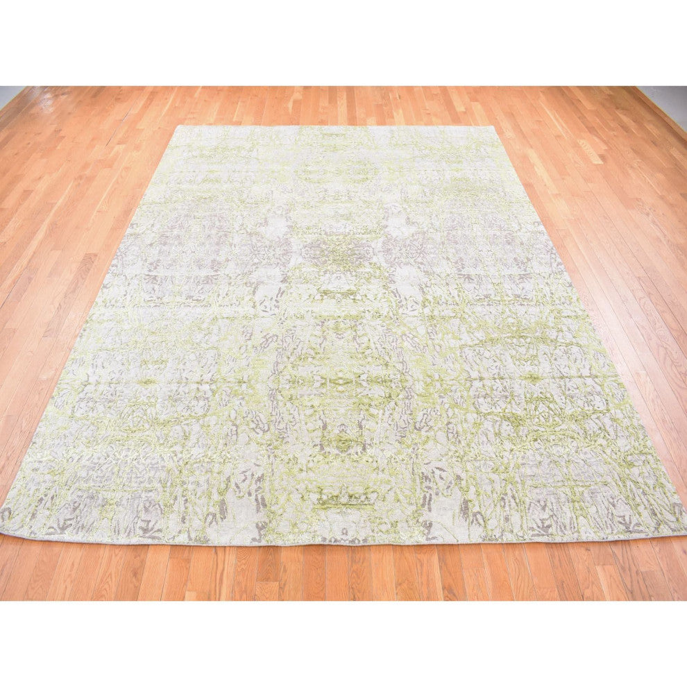 Light Gray Hand Knotted Wool And Silk Transitional/Modern Design Rug, 9'x11'9"