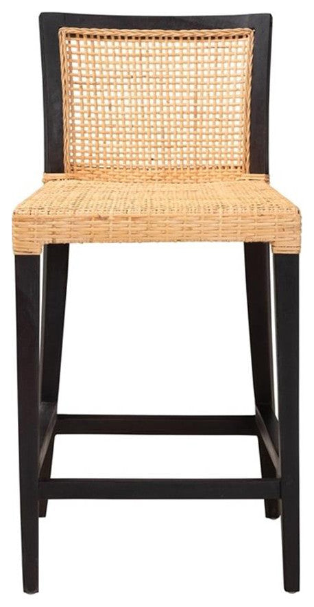 Baxton Studio Lingga Dark Brown Mahogany Wood and Natural Rattan Counter Stool