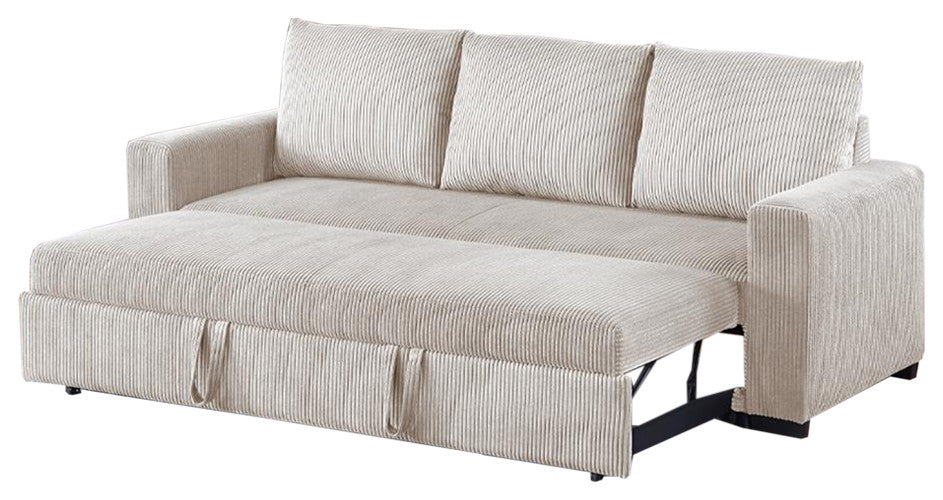 Corduroy Upholstered Convertible Sofa With Cushion Back, Ivory Finish
