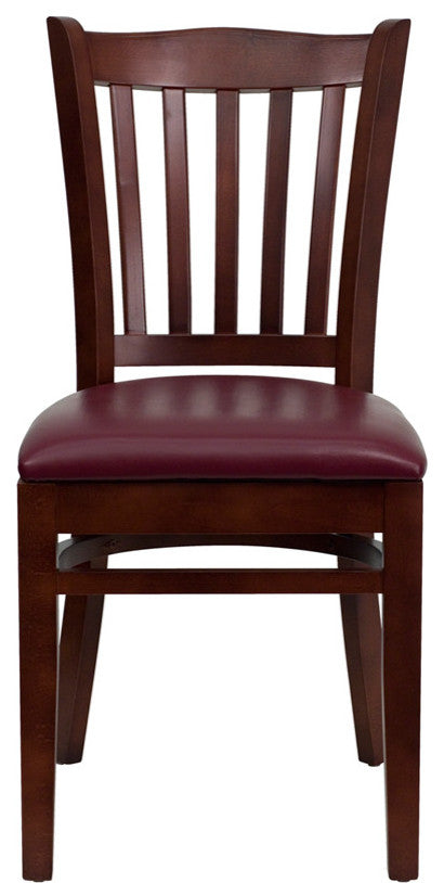 Vertical Slat Back Mahogany Wood Restaurant Chair, Burgundy Vinyl Seat