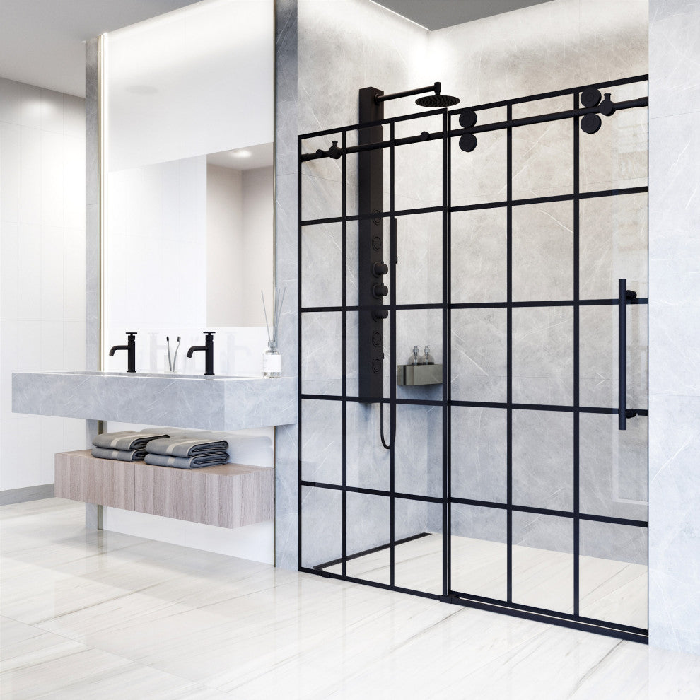 VIGO Elan 68" to 72" W x 74" H Frameless Sliding Shower Door in Matte Black Grid
