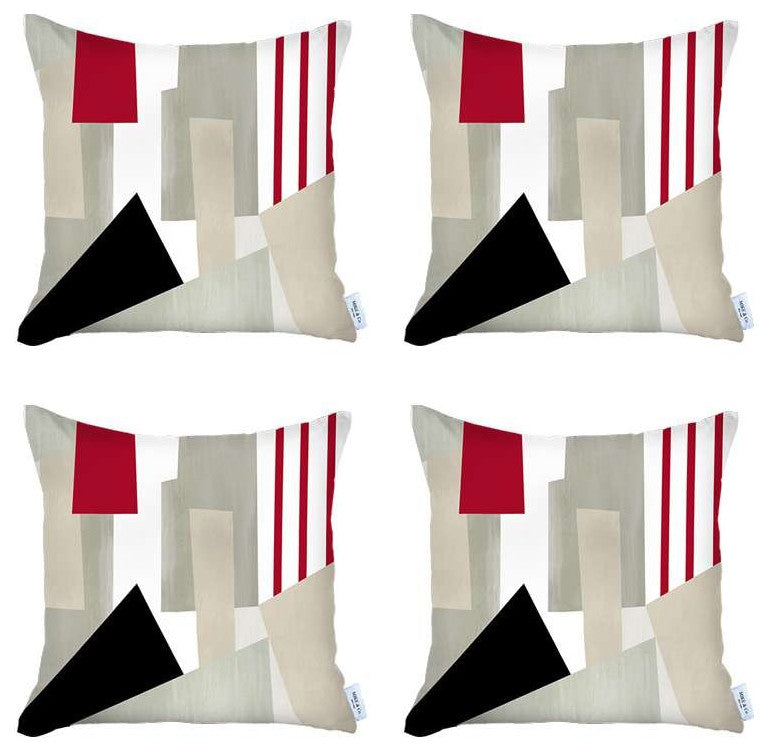 Set of 4 Red and Ivory Printed Pillow Covers