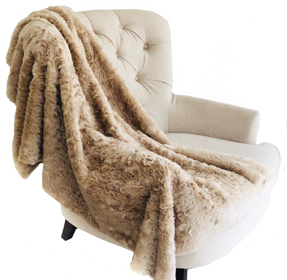 Plutus Champagne Persian Chilla Faux Fur Handmade Luxury Throw, Blanket 70l X 90