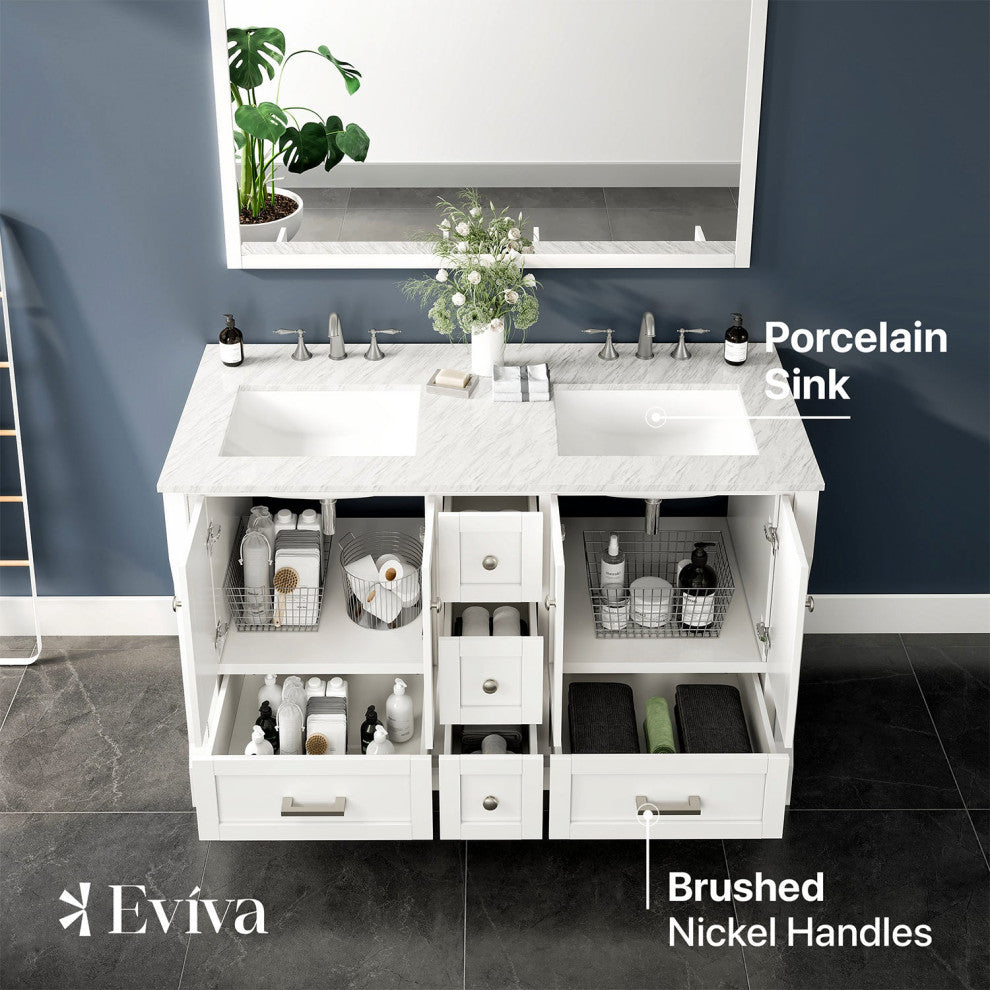 Eviva Booster 60 in. Double Sink Vanity in White White Carrara Marble Countertop