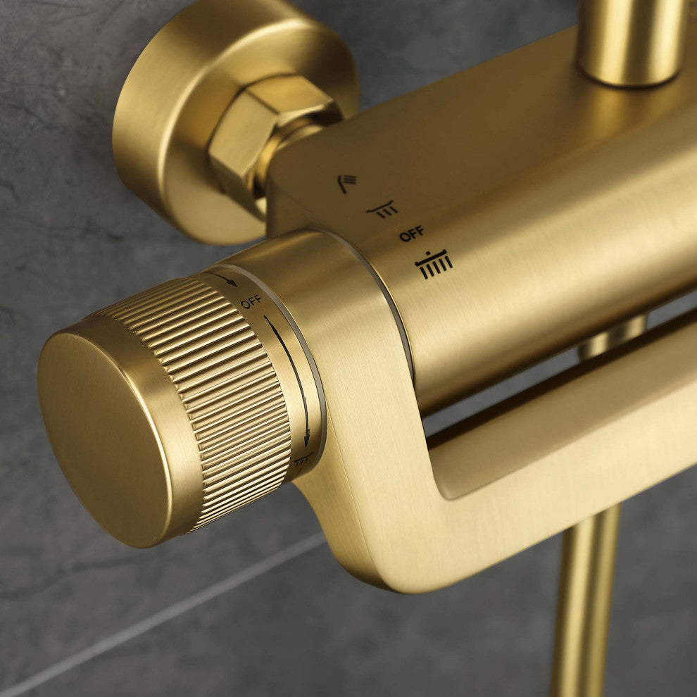 Thermostatic Wall Mounted Shower System with Multi-Function Hand Shower, Brushed Gold
