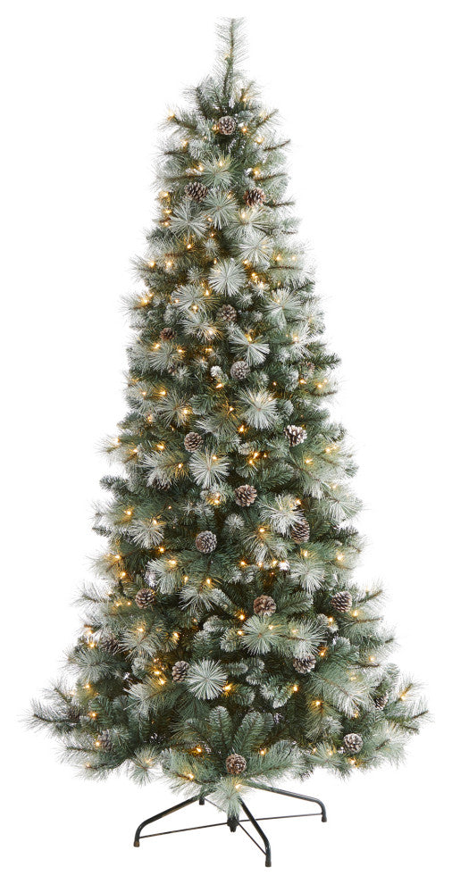 7' Frosted Tip British Columbia Mountain Pine Faux Xmas Tree W/Lights, Pinecones