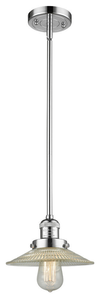 1-Light Halophane 10" Mini Pendant, Polished Chrome, Clear Halophane Shade