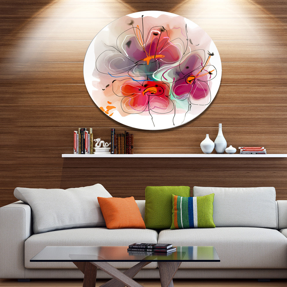 Red Blue Flower Illustration, Floral Disc Metal Wall Art, 38"
