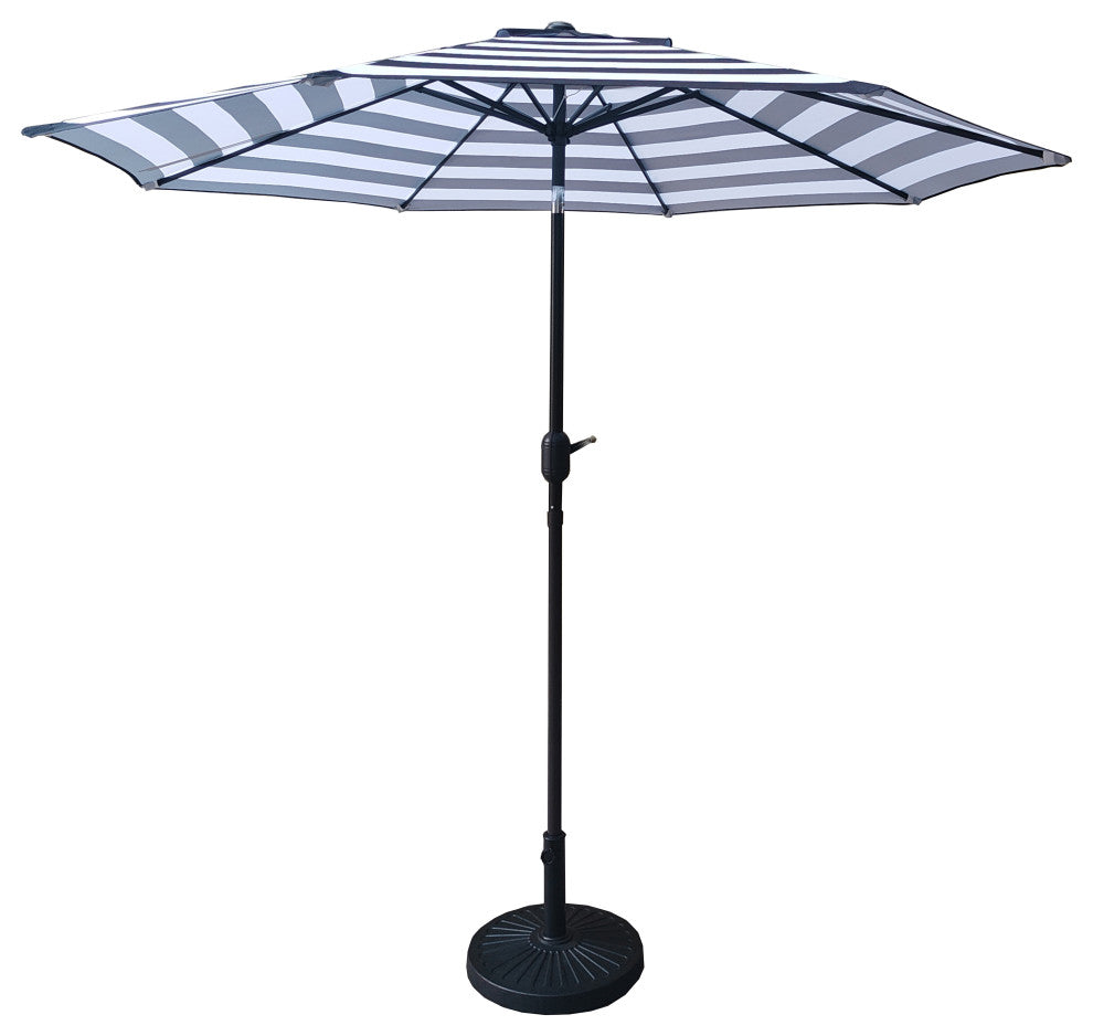 9' Black/White Stripe Tilt Market Umbrella With Stand/Base Set