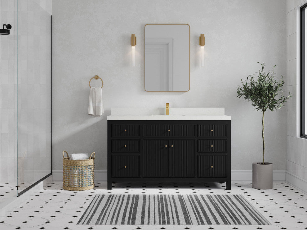 Sonoma 60 Single Sink Reeded Bathroom Vanity in Black 2" Carrara Quartz