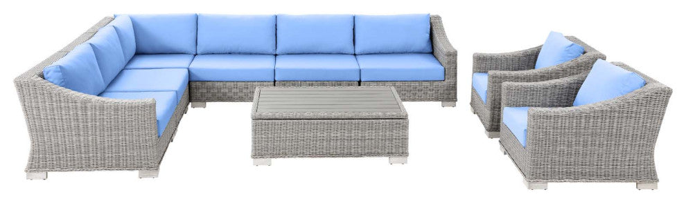 Outdoor Patio Wicker Rattan 9-Piece Sectional Sofa Furniture Set Gray and Blue