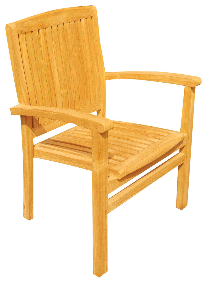 9-Piece Outdoor Teak Dining Set: 72" Round Table, 8 Wave Stacking Arm Chairs
