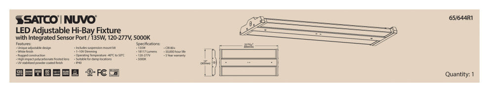 LED Adjustable High Bay - 135W - 5000K - Integrated Sensor Port - 120-277V