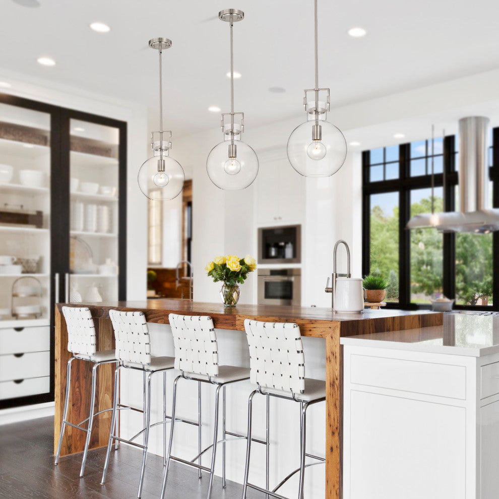 1-Light 10 in. Brushed Nickel Pendant With Globe Shaped Clear Glass Shade
