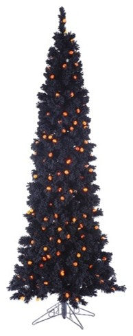 Pre-Lit Black Flocked Artificial Halloween Tree, Orange G25 LED Lights, 6.5'