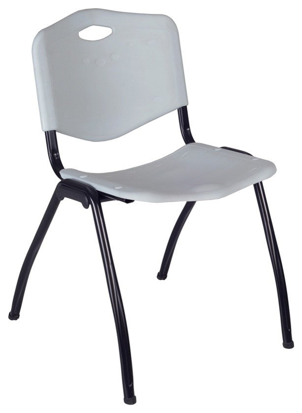 Kee 42" Square Breakroom Table, Cherry, Black and 4 'M' Stack Chairs, Gray