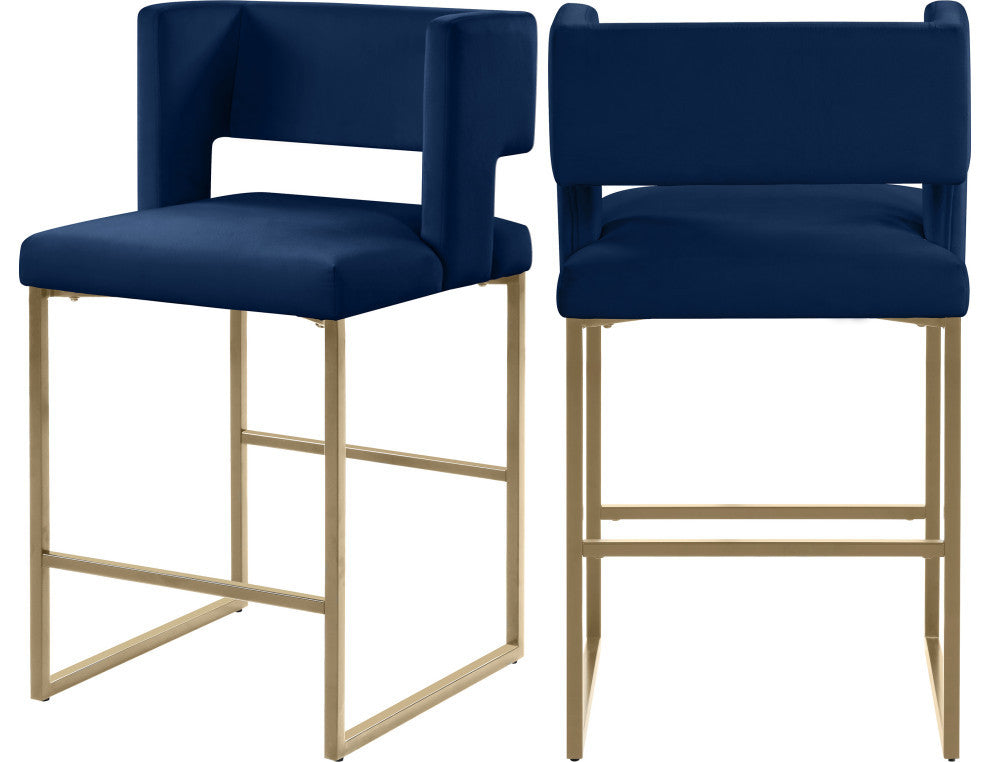 Caleb Upholstered Counter Stool, Set of 2, Navy, Velvet, Brushed Gold