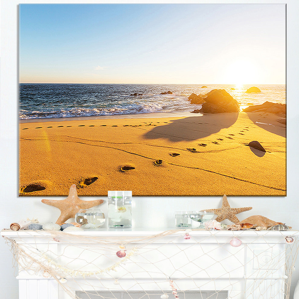 "Large Footprints On Beach Sand" Modern Beach Canvas Art Print, 32"x16"