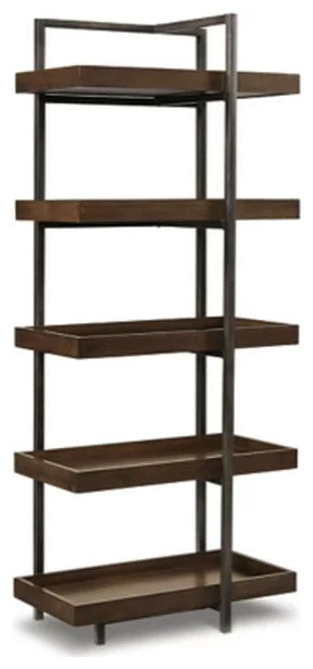 Industrial Bookcase, Tall Design With Black Metal Frame & Open Shelves, Brown